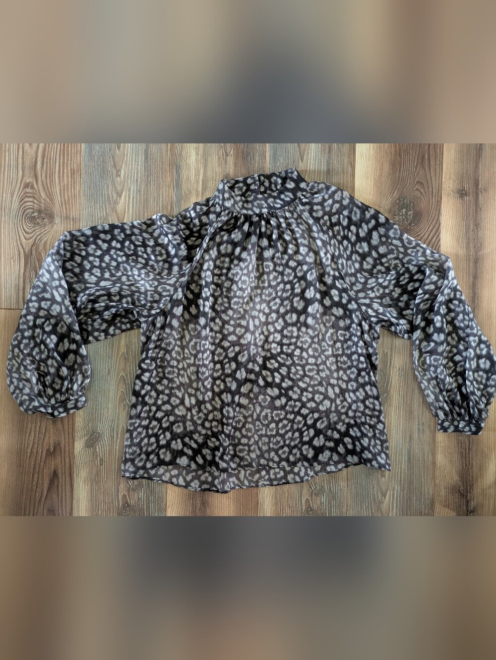 Worthington Black Gold Leopard Print Sheer Long Sleeve Blouse Top Medium